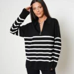 POLO YAKA FERMUARLI ÇİZGİLİ VİSKON TRİKO - SİYAH