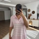 POLO YAKA FERMUARLI KISA KOL ÇİZGİLİ VİSKON TRİKO - PEMBE