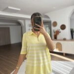 POLO YAKA FERMUARLI KISA KOL ÇİZGİLİ VİSKON TRİKO - SARI