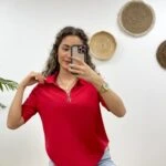 POLO YAKA FERMUARLI KISA KOL TRİKO - KIRMIZI