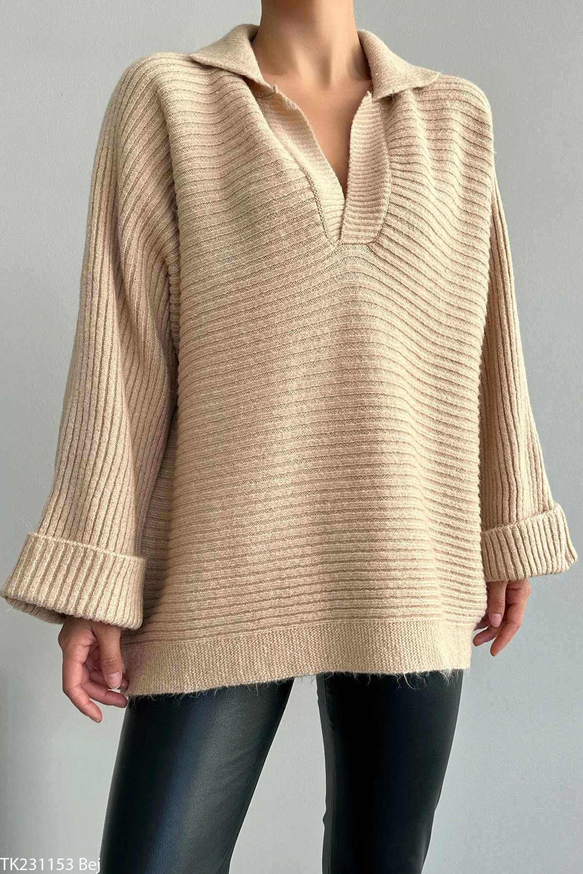 POLO YAKA KENDİNDEN KOL KAZAK - BEJ - Görsel 1