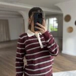 POLO YAKA YARI PATLI YÜN KARIŞIM ÇİZGİLİ KAZAK - BORDO