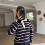 POLO YAKA YARI PATLI YÜN KARIŞIM ÇİZGİLİ KAZAK - LACİVERT