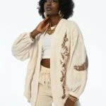 PUL VE NAKIŞ İŞLEME KİMONO - NATUREL