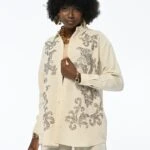 PULLU ŞAL DESEN İŞLEME VİSKON KETEN GÖMLEK - NATUREL