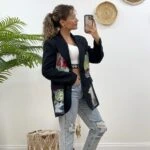 RENKLİ ARKA ÖN KIZ BASKI CEKET - SİYAH