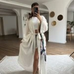 RENKLİ AT DESEN KUŞAKLI SALAŞ PAMUK KİMONO - EKRU