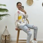 RENKLİ BASKILI SWEAT - EKRU