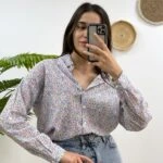 RENKLİ ÇİÇEK DESEN PAMUK GÖMLEK - MAVİ