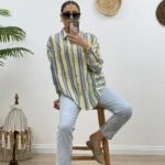 RENKLİ ÇİZGİLİ KETEN GÖMLEK - LACİVERT ÇİZGİLİ