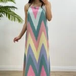 RENKLİ DESENLİ ASKILI KETEN ELBİSE - RENKLİ