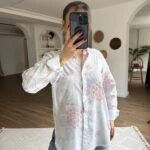 RENKLİ DOKU İŞLEME PAMUK VİSKON SALAŞ GÖMLEK - BEYAZ-KIRMIZI