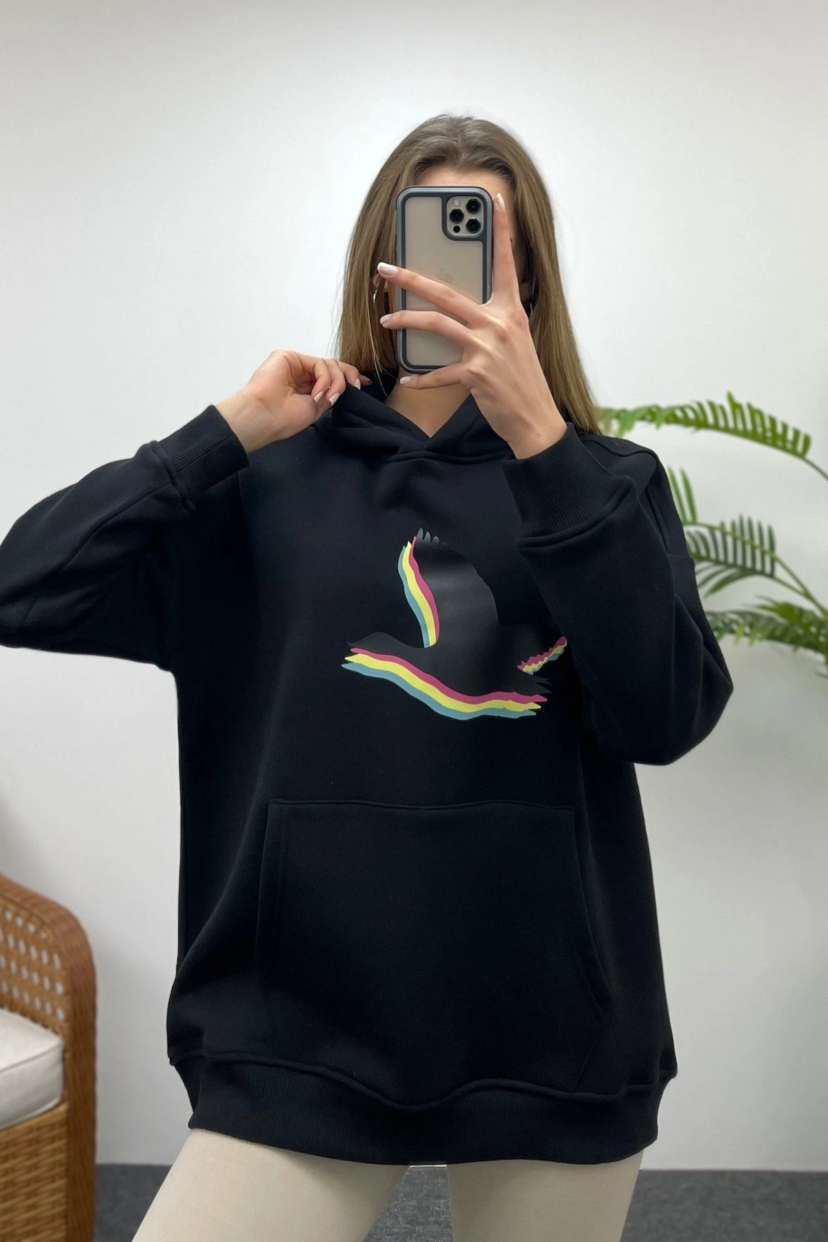 RENKLİ KUŞ BASKILI SWEAT - SİYAH - Görsel 1