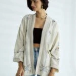 RENKLİ NAKIŞ İŞLEME PAMUK KİMONO - TAŞ