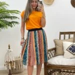 RENKLİ ŞİFON PLİSE ETEK - TURUNCU