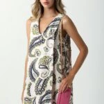 RIGHT BACK KAPAKLI ŞAL DESEN KETEN ELBİSE - EKRU-YEŞİL