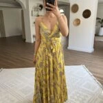 ROBADAN İP BAĞCIKLI ETEĞİ FIRFIR DESENLİ MAXİ ELBİSE - SARI