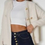 SAÇ ÖRGÜ DÜĞMELİ CEKET MODEL YÜN KARIŞIM HIRKA - KREM