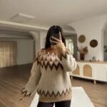 ŞARDONLU ALPAKA KARIŞIM BAKLAVA DESEN KAZAK - KARAMEL