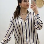 SATEN ÇİZGİLİ GÖMLEK - EKRU LACİVERT