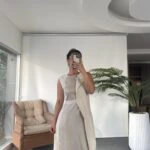 SATEN PARÇALI KAPAKLI KETEN MİDİ ELBİSE - TAŞ