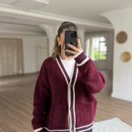 SELANİK ÖRGÜ ŞERİT DETAY CEPLİ V YAKA HIRKA - BORDO