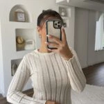 ŞERİT AJURLU BİSİKLET YAKA KAZAK - KREM