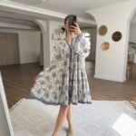 ŞERİT ÇİZGİ DETAY DESENLİ PAMUK GÖMLEK ELBİSE - LACİVERT