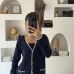 ŞERİT DETAY GOLD DÜĞME CEP GÖRÜNÜM VİSKON HIRKA - LACİVERT EKRU