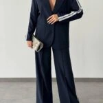 ŞERİTLİ BOL PAÇA PANTOLON CEKET SPOR TAKIM - LACİVERT BEYAZ