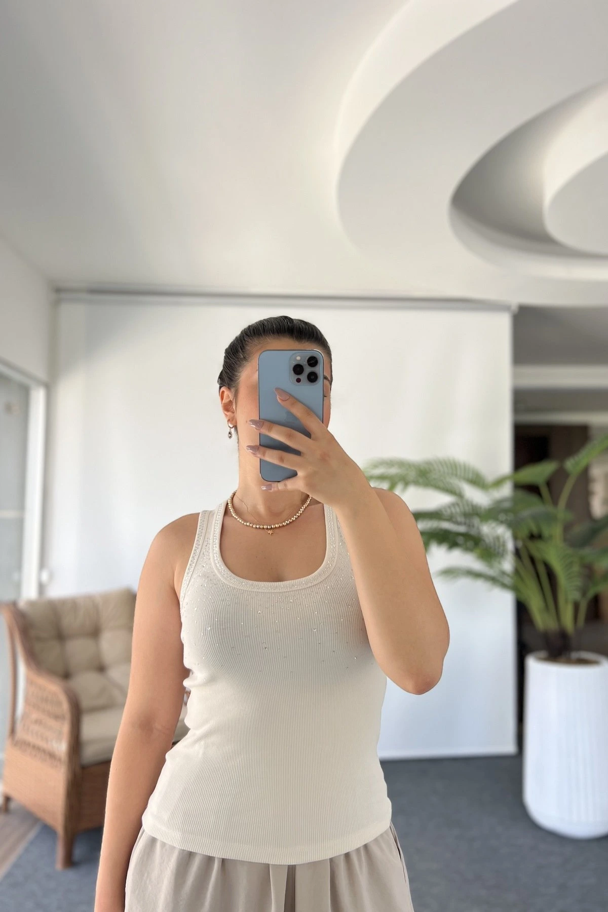 SERPME TAŞ U YAKA FİTİLLİ PAMUK ATLET - EKRU - Görsel 1