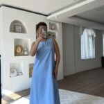 SIFIR KOL ARKA PENCERE MİDİ VİSKON ELBİSE - MAVİ