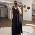 SIFIR KOL DİKİŞ DETAY CEPLİ UZUN ELBİSE - SİYAH