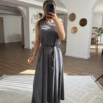 SIFIR KOL MIKNATIS KEMER MODAL PAMUK MAKSİ ELBİSE - GRİ