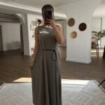 SIFIR KOL MIKNATIS KEMER MODAL PAMUK MAKSİ ELBİSE - HAKİ