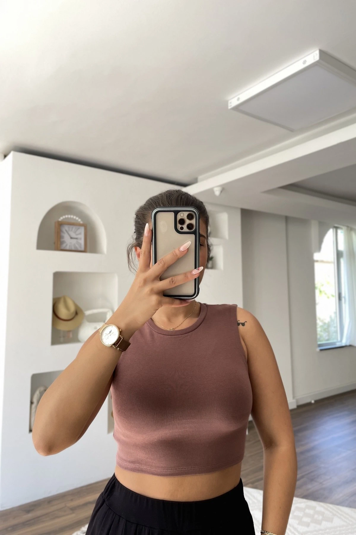 SIFIR KOL PAMUK CROP ATLET - KAHVE - Görsel 1