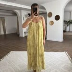 ŞİFON DESENLİ TAM BOY ASTARLI SALAŞ ELBİSE - SARI