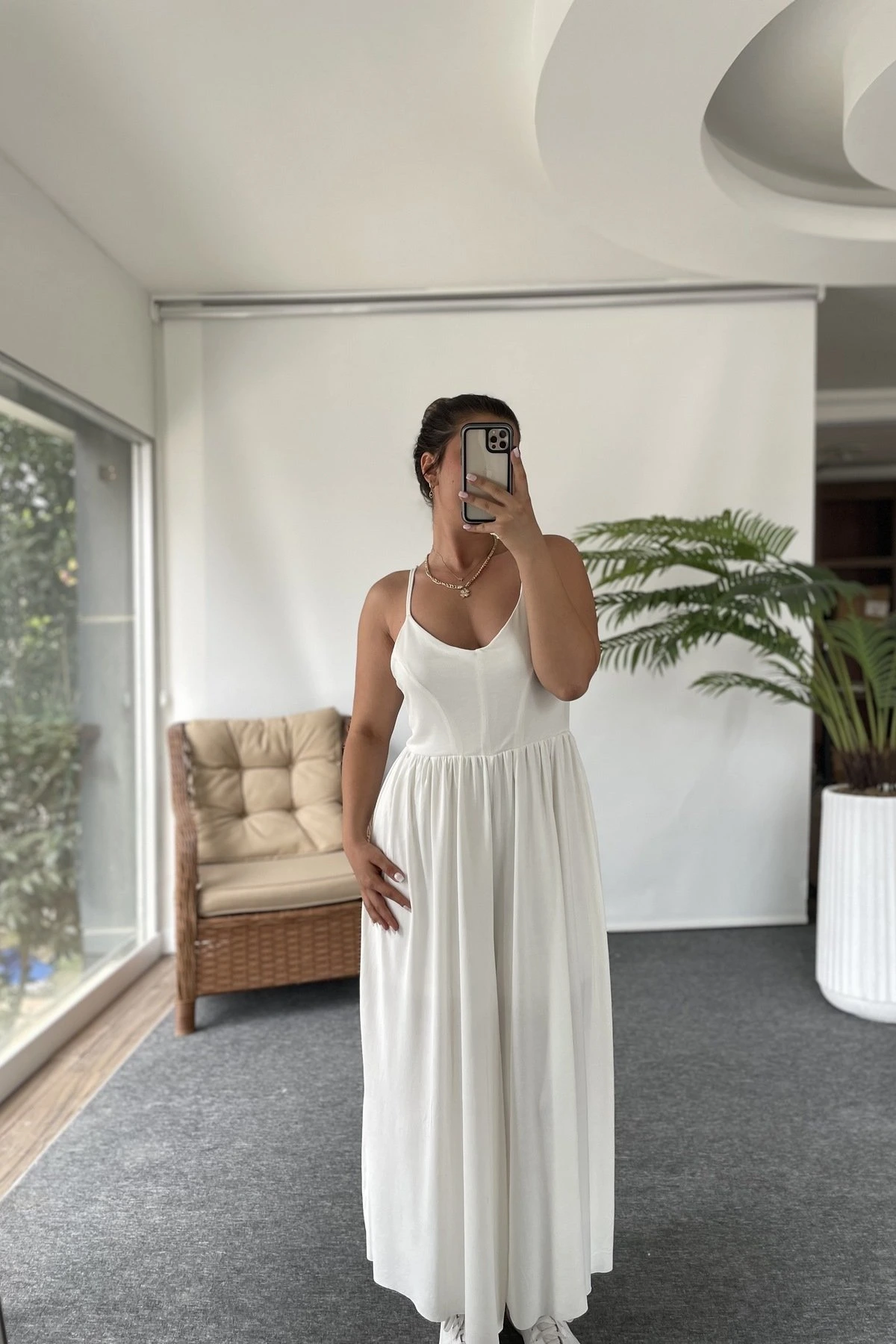 SIRT ÇAPRAZ ASKI İÇ ASTARLI BOL PAÇA MODAL TULUM - BEYAZ - Görsel 1