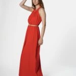 SIRT DETAY DOKUMA PENYE HASIR KEMER ELBİSE - KIRMIZI