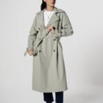 SIRT KAPAKLI BEL VE KOL KUŞAKLI ASTARI ÇİZGİLİ TRENÇ - MİNT YEŞİLİ