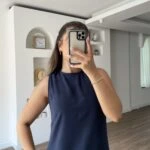 SIRT PENCERE SIFIR KOL TENCEL ELBİSE - LACİVERT