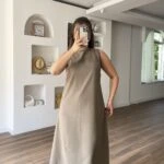 SIRT PENCERE SIFIR KOL TENCEL ELBİSE - HAKİ