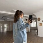 SIRT YILDIZ OMUZ BONCUK TAŞ ÇAKIM JEAN CEPLİ CEKET - MAVİ