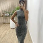 SOLUK EFEKLİ DİK YAKA  PAMUK ELBİSE - ANTRASİT