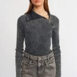 SOLUK EFEKLİ YAKA YAN FERMUAR PAMUK KAZAK - ANTRASİT