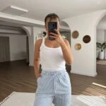 STRADIVARIUS ÇİZGİLİ CEPLİ PAMUK ŞORT - MAVİ