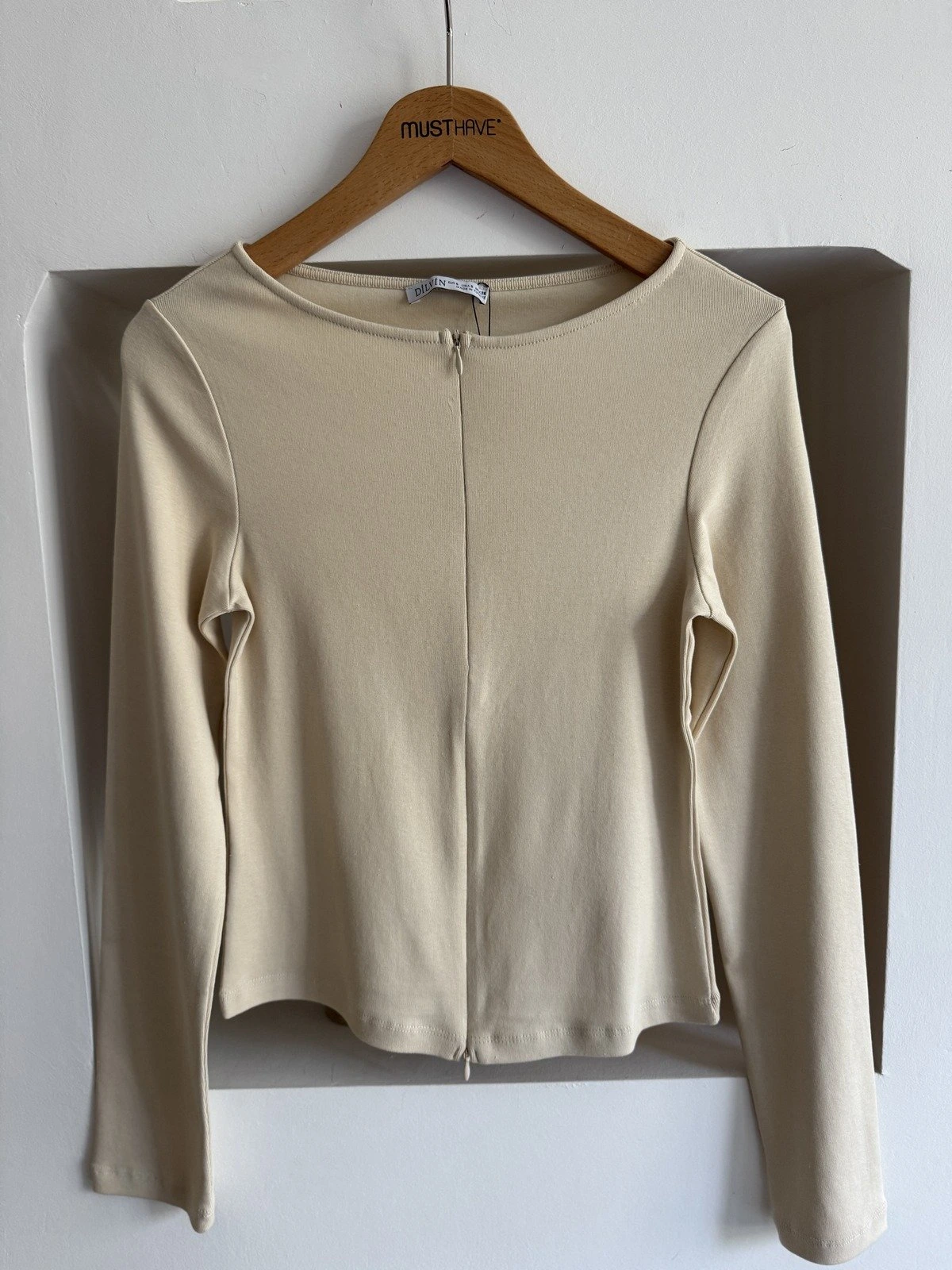 TAM FERMUAR UZUN KOL PAMUK LİKRA BLUZ - TAŞ - Görsel 1