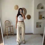 ARKA CEPLİ NERVÜR DİKİŞLİ BEL LASTİK LYOCELL PAMUK PANTOLON - TAŞ