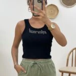 TAŞ BASKI CROPTOP - SİYAH