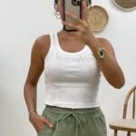 TAŞ BASKI CROPTOP - BEYAZ